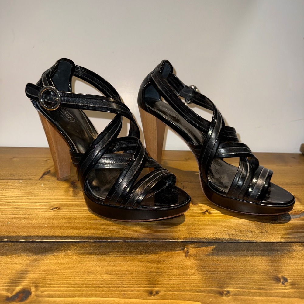 Coach Auriella Black Leather Strappy Wood Heel Platform Sandals A3284 Size 9B